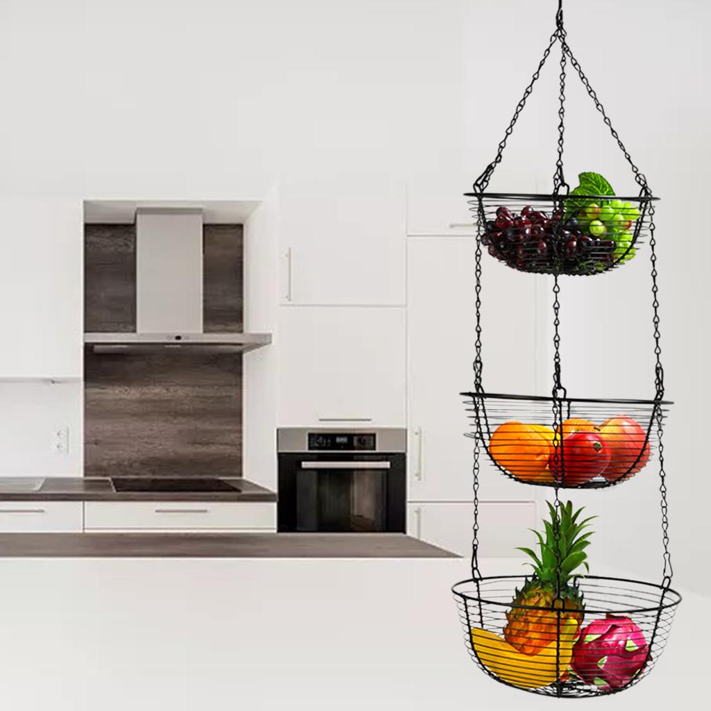 3-Tier Iron Hanging Fruit Basket Organizer for Kitchen Dining Room Table
