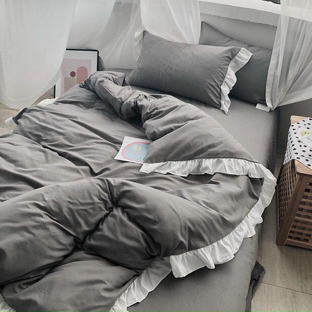 Bộ Chăn Ga Gối Cotton Tici Bèo Ren Trắng LIDACO Cao Cấp - Xám