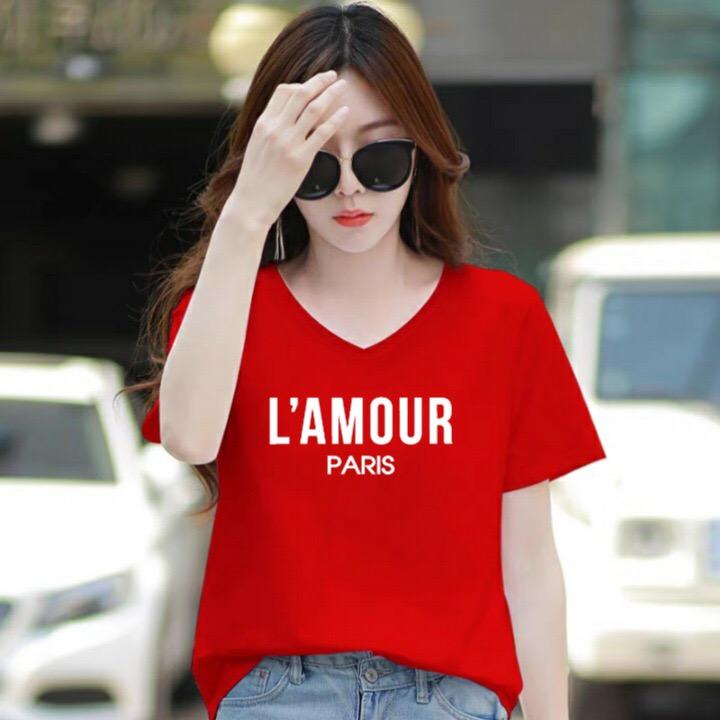 Áo thun nữ MXM form rộng cổ tim in chữ L'Amour cực xinh thun cotton 4 chiều từ 45-60kg