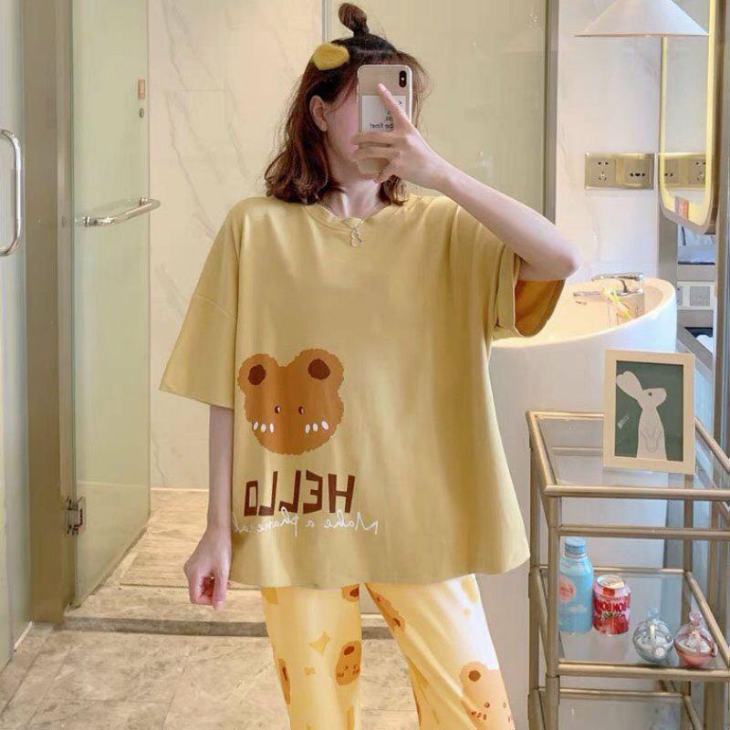 Đồ bộ thun quần dài, đồ mặc ở nhà Quảng Châu, họa tiết hoạt hình gấu nâu dễ thương