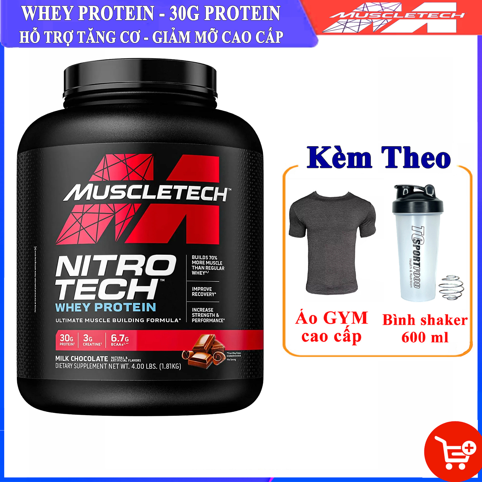 Combo Sữa tăng cơ cực mạnh Whey Protein Nitro Tech của MuscleTech hỗ trợ tăng cơ, giảm mỡ cao cấp &amp; Bình lắc 600 ml (Màu Ngẫu Nhiên) &amp; Áo thun thể thao