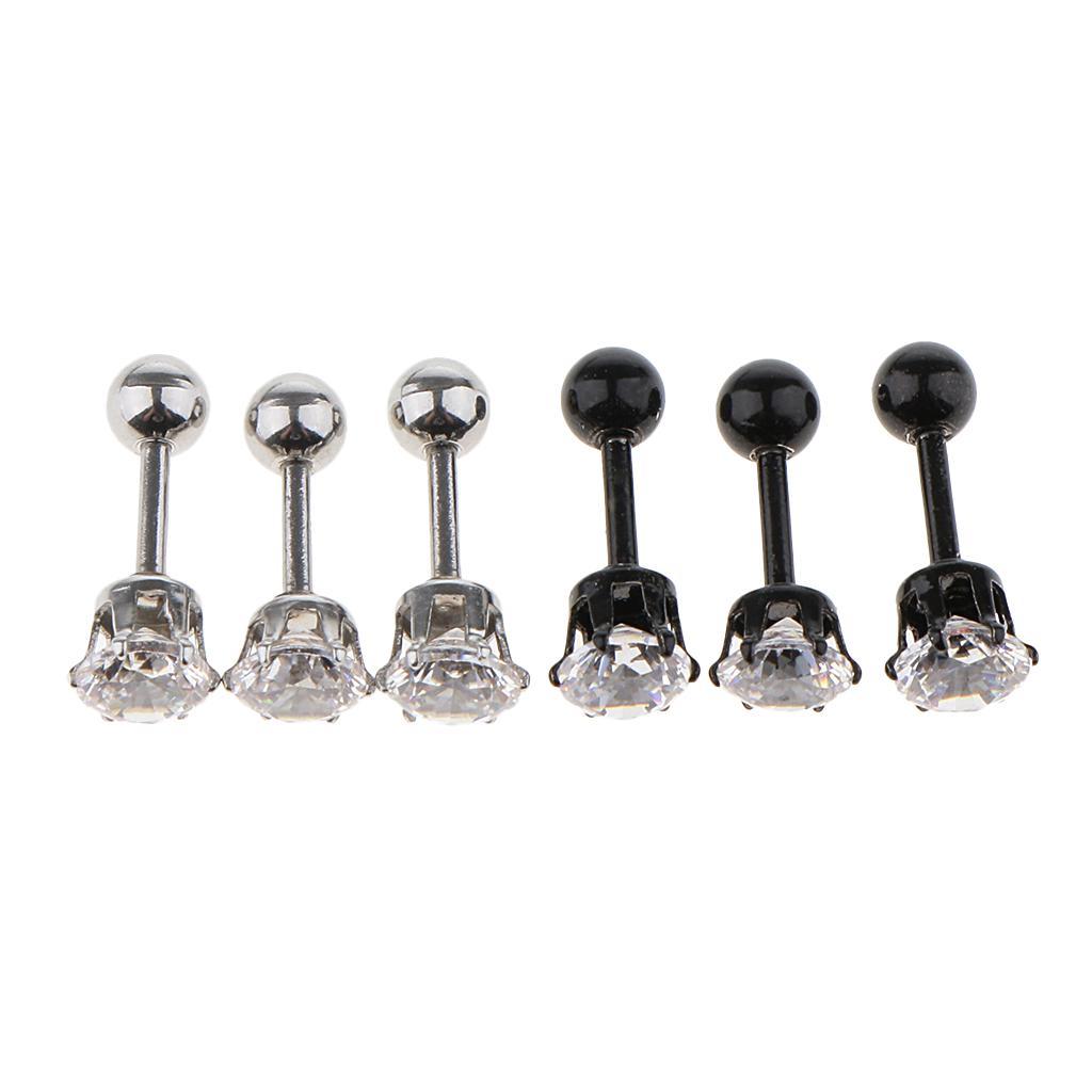 6 Pieces Black Silver Crystal Stainless Steel Ear Navel Belly Stud