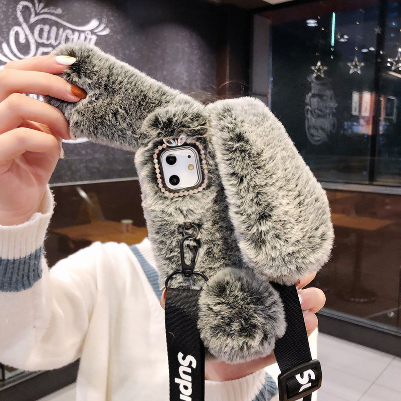 Ốp Lưng Điện Thoại Bằng Lông Thú Hình Tai Thỏ Có Quai Đeo Sang Trọng