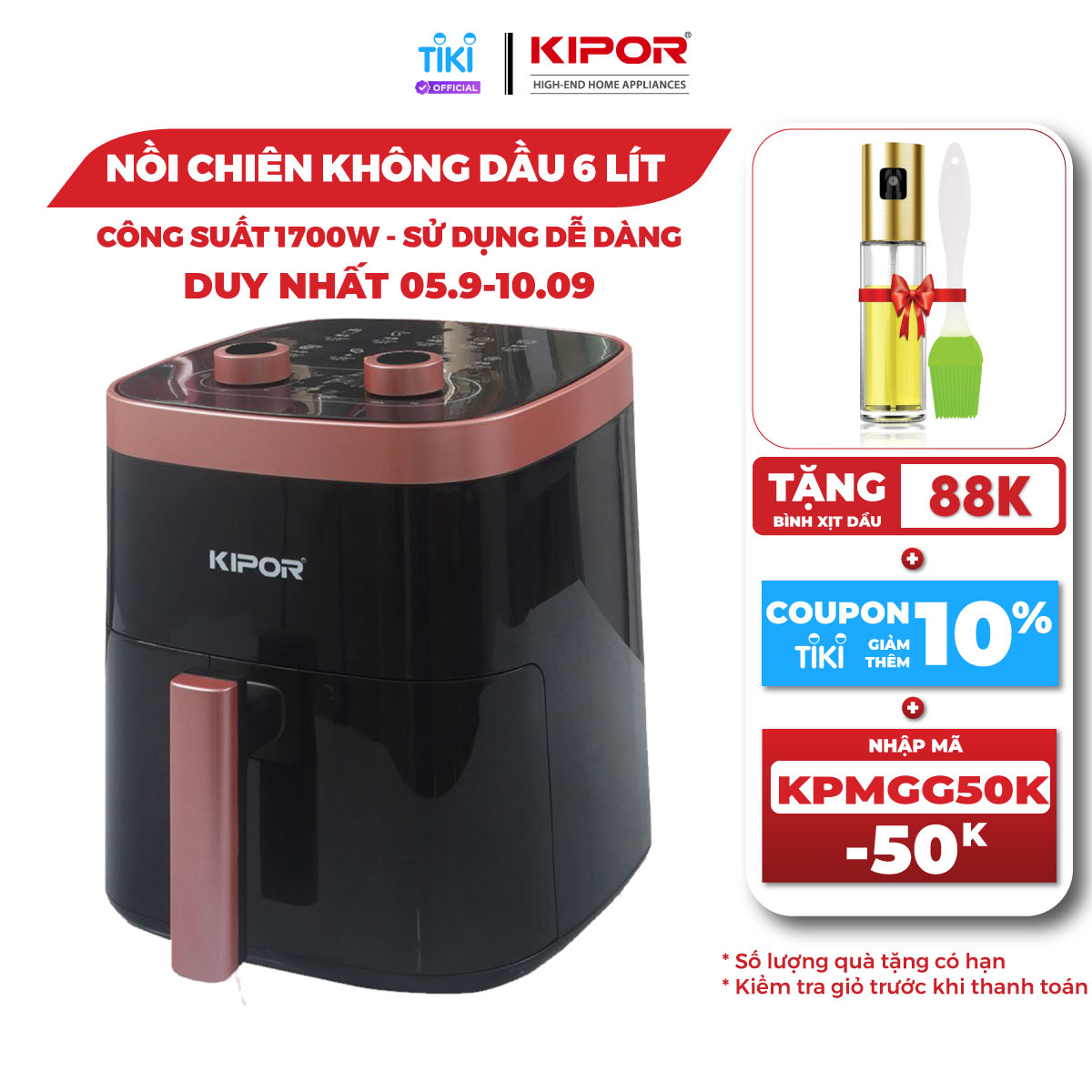 Nồi chiên không dầu KIPOR KP-AF632 - 6L - Điều khiển cơ, công nghệ đối lưu khí nóng 4D - Phủ chống dính cao cấp - Hàng chính hãng