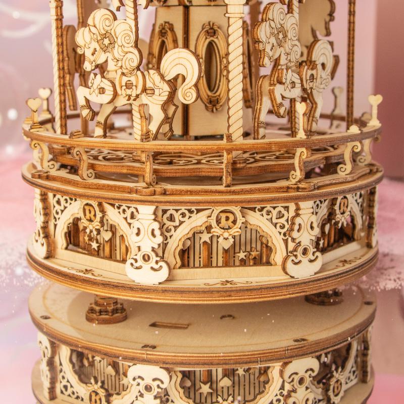 Đồ chơi lắp ráp gỗ 3D Mô hình Hộp nhạc Romantic Carousel AMK62 Mechanical Music Box