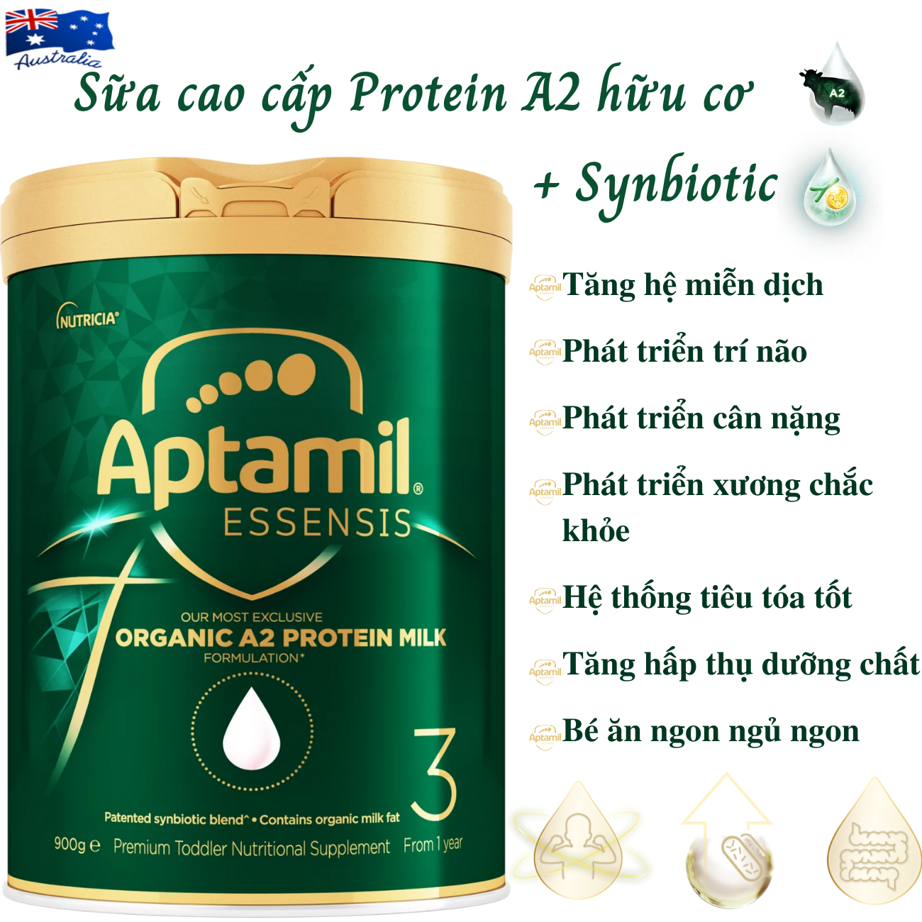 Sữa tăng chiều cao cho trẻ từ 1 tuổi Aptamil Essensis Protein A2 Úc (Số 3)- Công thức Synbiotic độc quyền Giúp tăng cường hệ miễn dịch, hỗ trợ hệ tiêu hóa, Phát triển chiều cao, Cân nặng, trí tuệ và tăng sức đề kháng (900g/hộp)