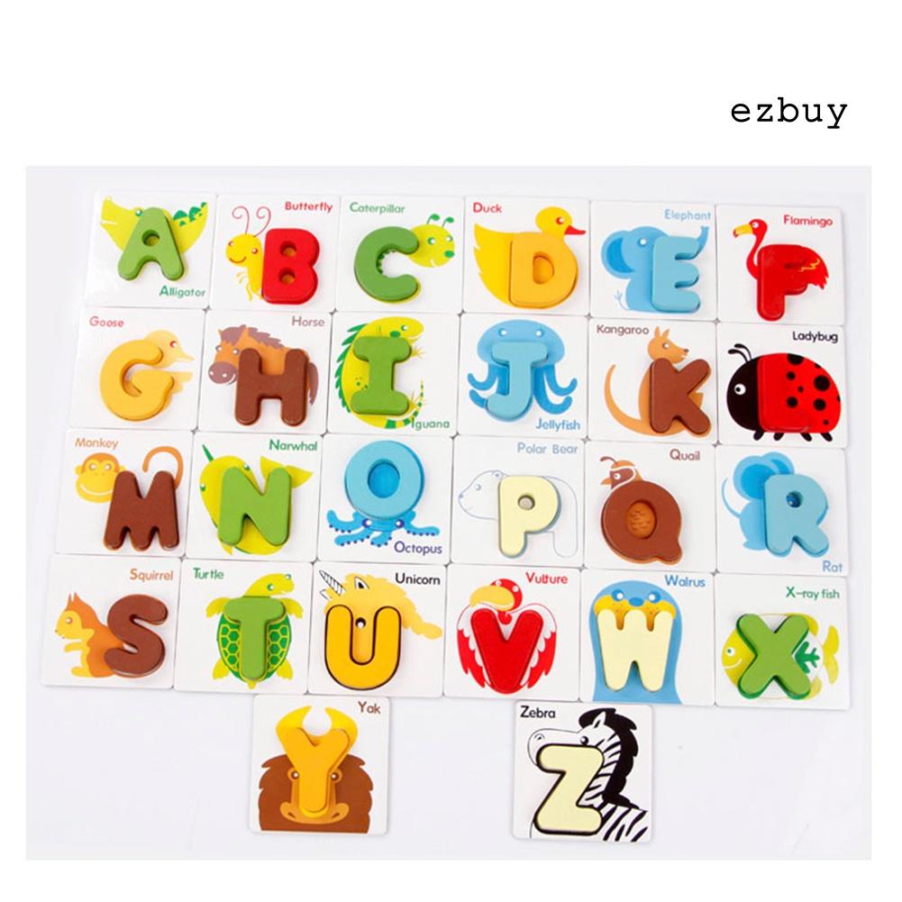 EY-26Pcs Wooden Alphabet Letters Animal Match Puzzles Cards Preshcool Learning Toy