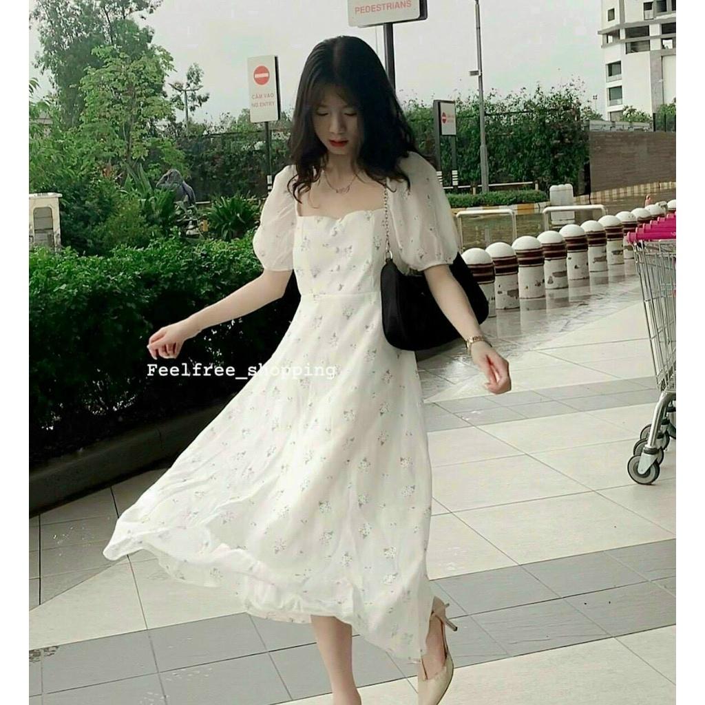 Đầm trắng hoa nhí nút bọc tay voan cổ vuông dáng xòe dự tiệc mẫu thảo nhi shop