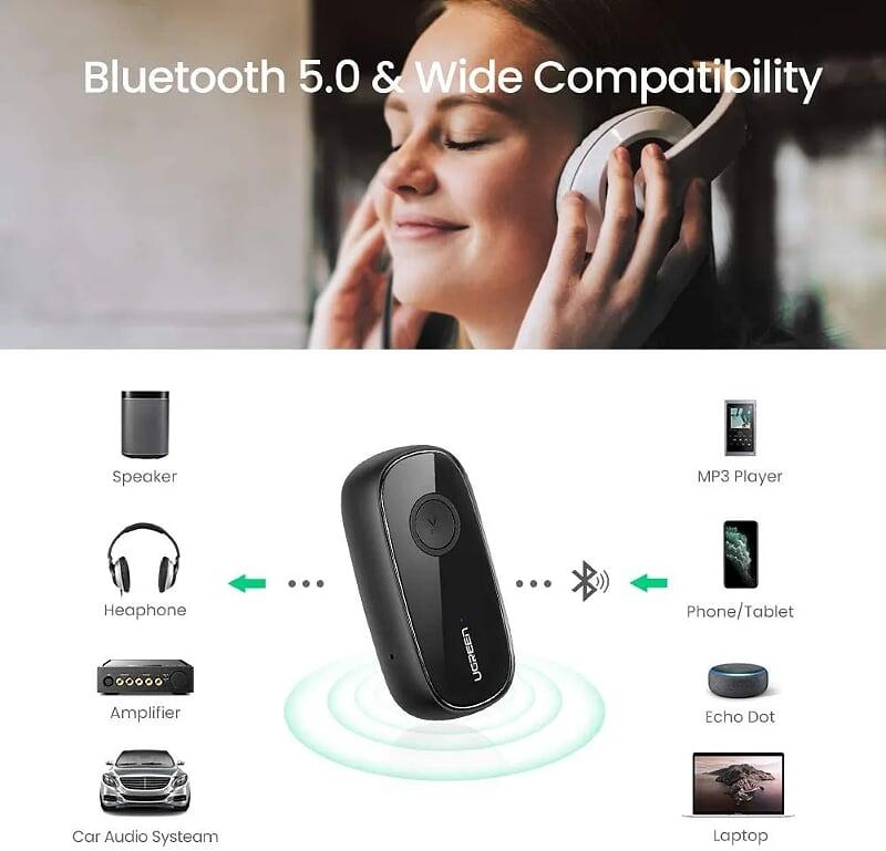 Ugreen UG70304CM279TK v5.0 3.5mm bộ nhận Bluetooth dùng cho xe hơi hay cổng âm thanh Aux - HÀNG CHÍNH HÃNG