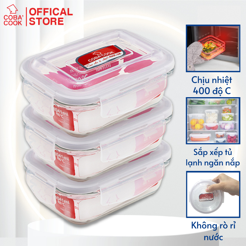 Bộ 3 Hộp trữ thức ăn thực phẩm đựng cơm chịu nhiệt hộp thủy tinh COBACOOK hộp chữ nhật dung tích lớn 1041ml -CCL13