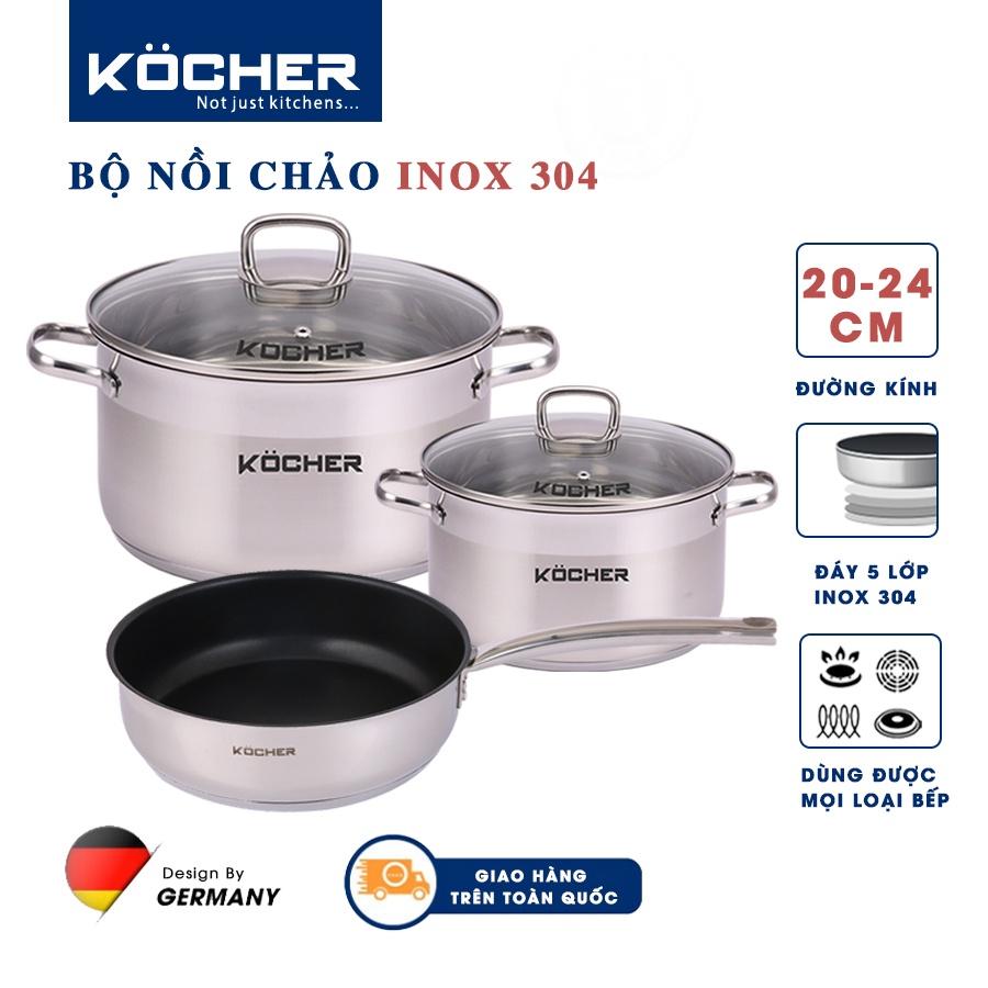 Bộ nồi inox 5 đáy kèm chảo chống dính bếp từ cao cấp KOCHER size 24cm