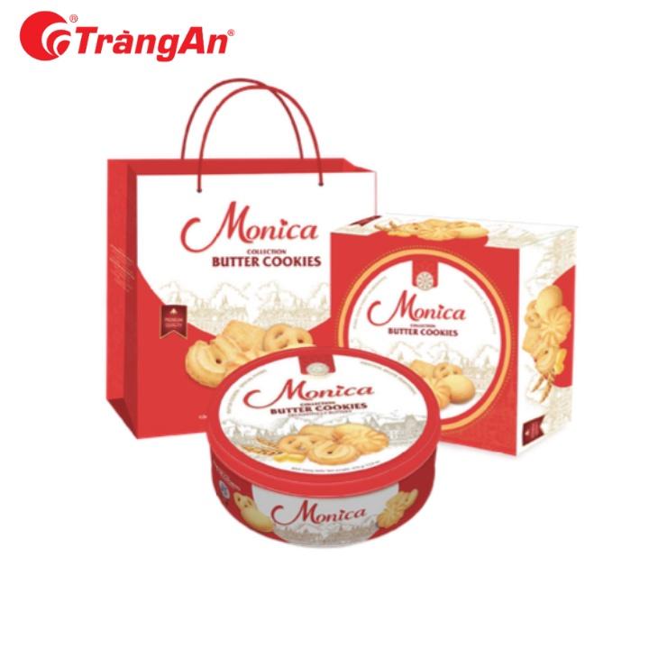 Bánh quy bơ sữa hỗn hợp Monica 380g, hộp thiếc, thương hiệu Tràng An, hạn sử dụng 18 tháng, tặng kèm túi giấy to hơn