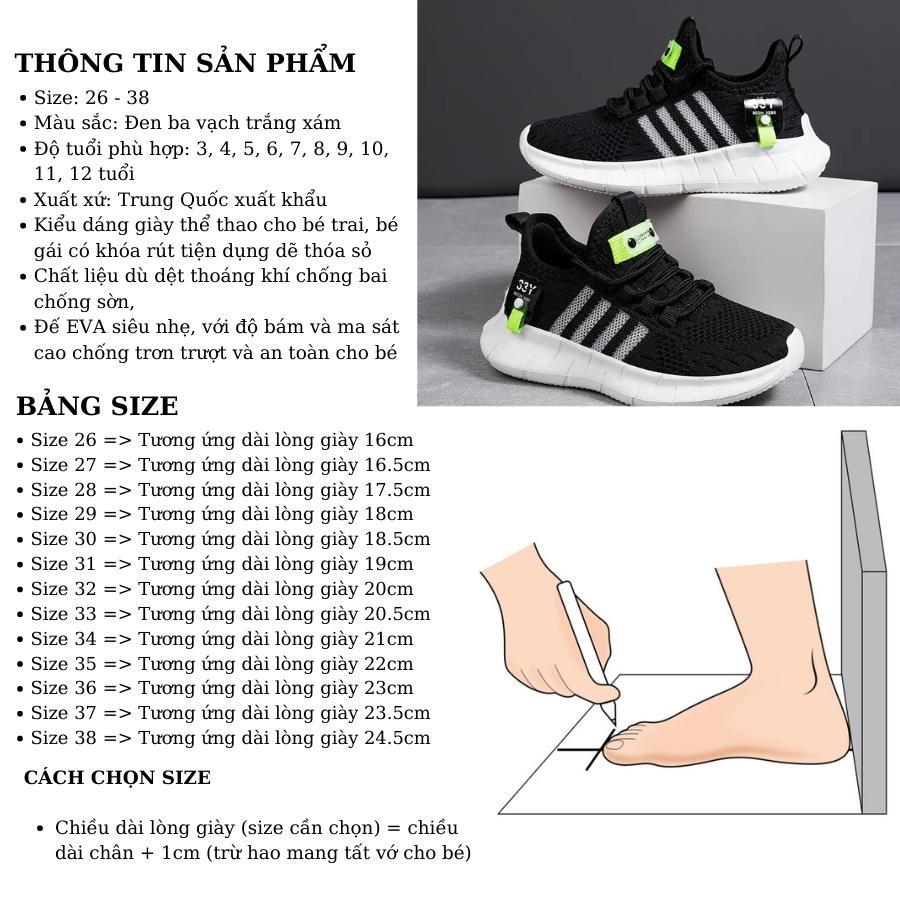 Giày thể thao đen bé trai siêu nhẹ sneaker năng động cá tính cho trẻ em từ 3 - 12 tuổi GH42