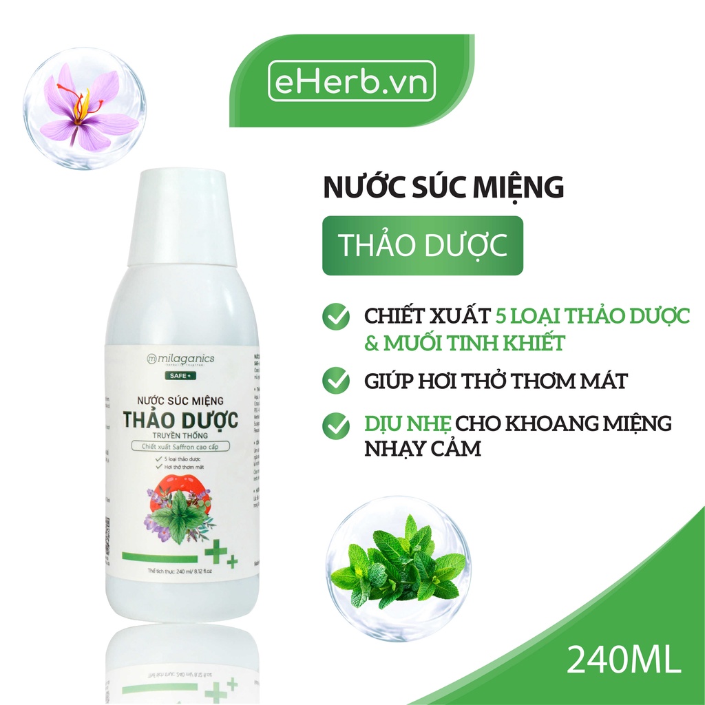 Nước Súc Miệng 5 Loại Thảo Dược Hơi Thở Thơm Mát, Làm Dịu Cho Khoang Miệng Nhạy Cảm MILAGANICS 240ml