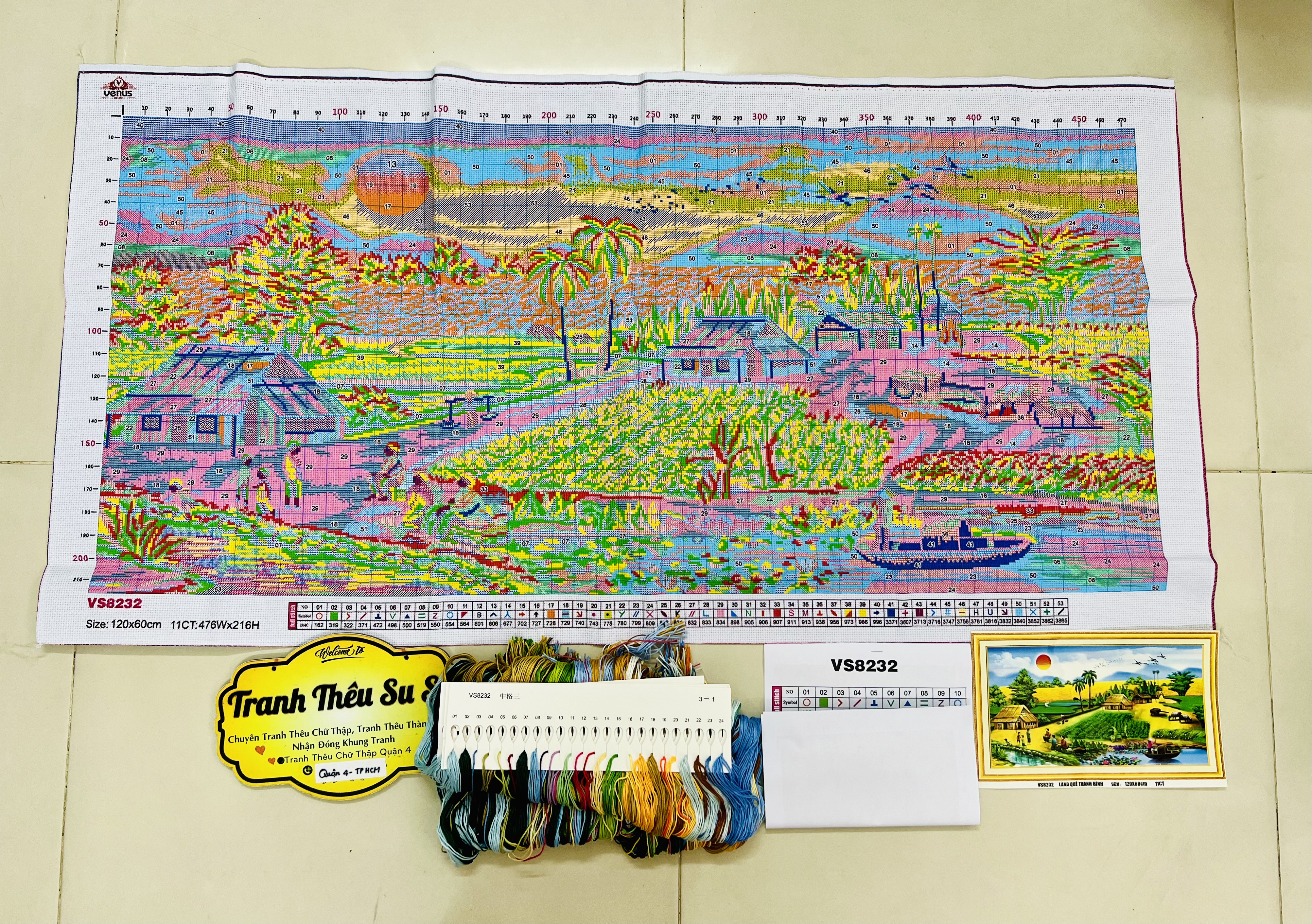 Tranh thêu kín Phong cảnh làng quê vs8232 kích thước 120 x 60 cm