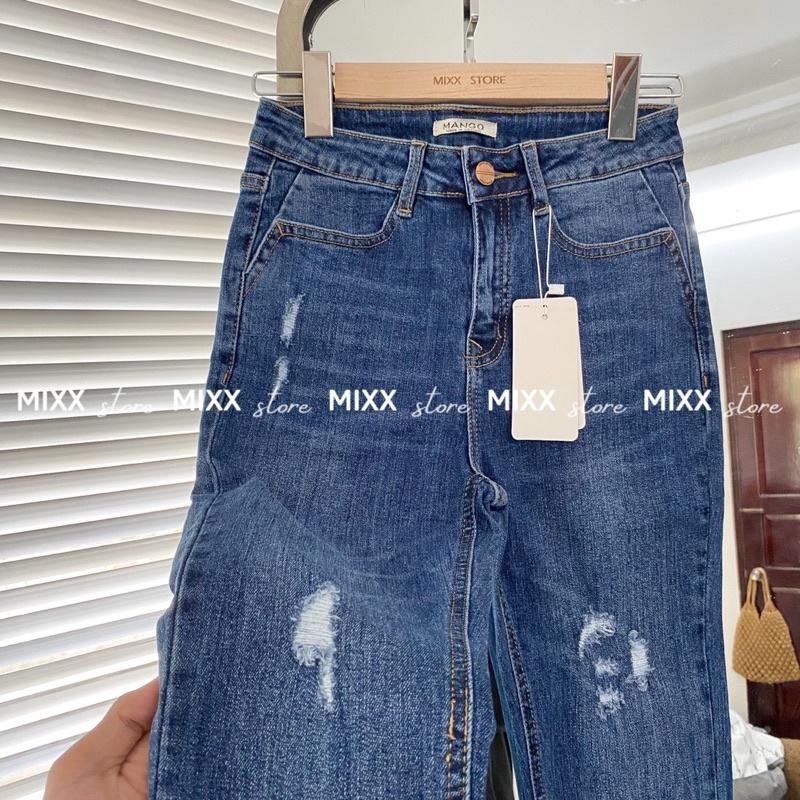 Quần Jean Nữ Skinny Rách xước Mango chất dày dặn co giãn thoải mái phom 9 tấc tôn dáng