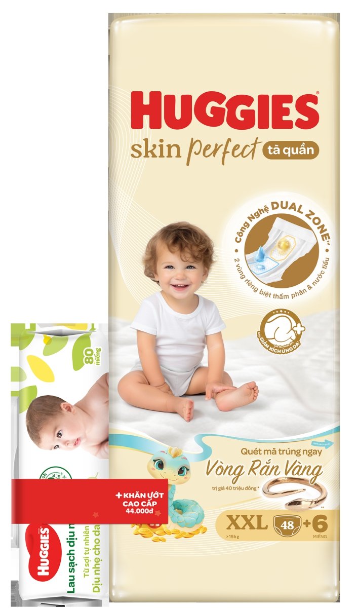 [Tặng khăn ướt Huggies 80 miếng] Tã quần Huggies Skin Perfect XXL Super Jumbo 48+6 miếng với 2 vùng thấm giảm kích ứng da