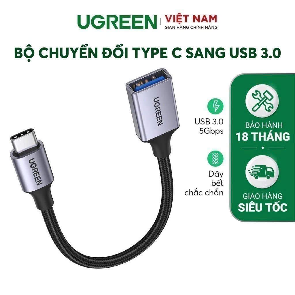 Bộ chuyển đổi USB type C sang USB 3.0 UGREEN US378 | Hỗ trợ OTG | Vỏ bọc nylon bền bỉ | Hàng chính hãng | Bảo Hành 18 Tháng 1 Đổi 1 | 70889