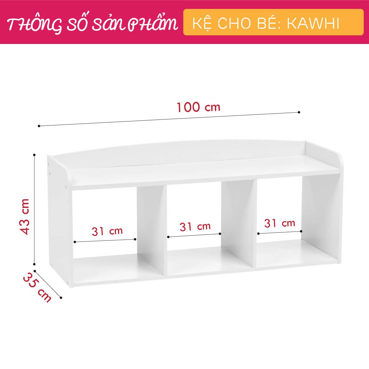 Kệ để đồ chơi cho bé SMLIFE Kawhi | Gỗ MDF dày 17mm chống ẩm | D100xR35xC43cm