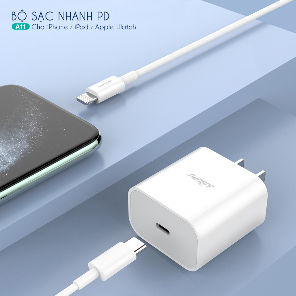 Sạc nhanh cho iPhone JUYUPU A11 PD 20W bộ sạc điện thoại gồm củ sạc và dây cáp sạc Type C to lightning cao cấp dành cho IOS - HÀNG CHÍNH HÃNG