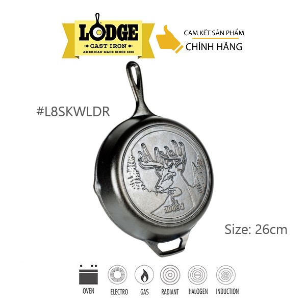 [Chính hãng LOGDE - MỸ] Chảo gang đúc, đáy hình nai Lodge 26 cm - L8SKWLDR. Chảo dùng chiên, rán, nướng, áp chảo.