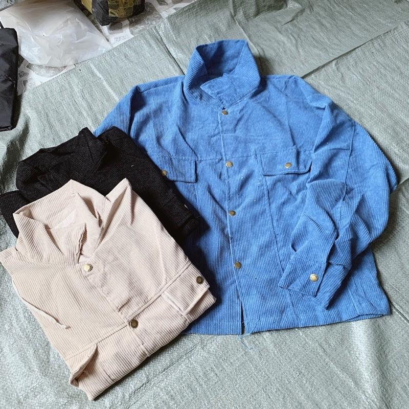 Áo Khoác Kaki Nhung Tâm LIỂU ÁO SƠ MI Bomber Jackets Kaki Trơn Nút Đồng Form Rộng Hàng UNISEX DÂY CỔ BẺ