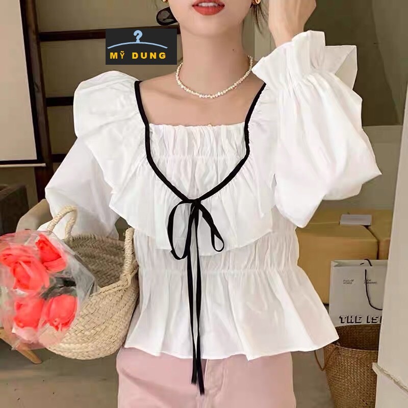 ÁO KIỂU CỔ VIỀN BÈO, TAY DÀI NHÚN THÂN CORTOP. FROM CHUẨN, PHỐI ĐỒ HẾT NƯỚC CHẤM LUN NHÉ CÁC TÌNH YÊU