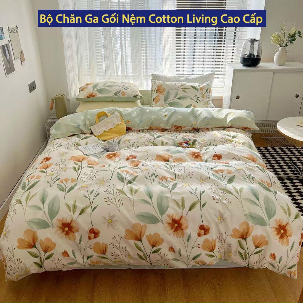 Bộ Ga Giường 5 Món Chăn Ga Gối Nệm Cotton Living ANNA NGUYÊN Cao Cấp Chuẩn Khách Sạn 5 Sao Bộ Chăn Ga Ra Drap Gối Nệm Đệm Trải Giường 4 Món Dễ Thương Cute