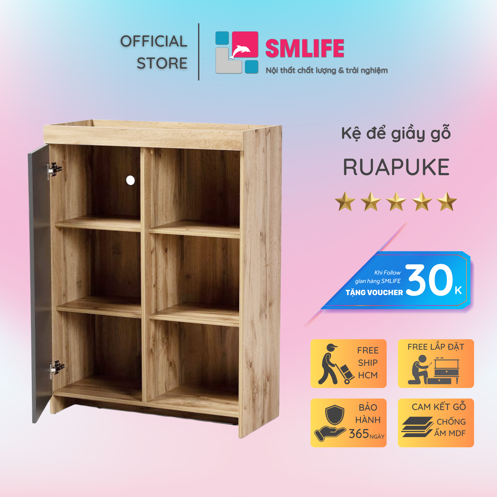 Kệ để giầy gỗ hiện đại SMLIFE Ruapuke | Gỗ MDF dày 17mm chống ẩm | D70xR35xC100cm