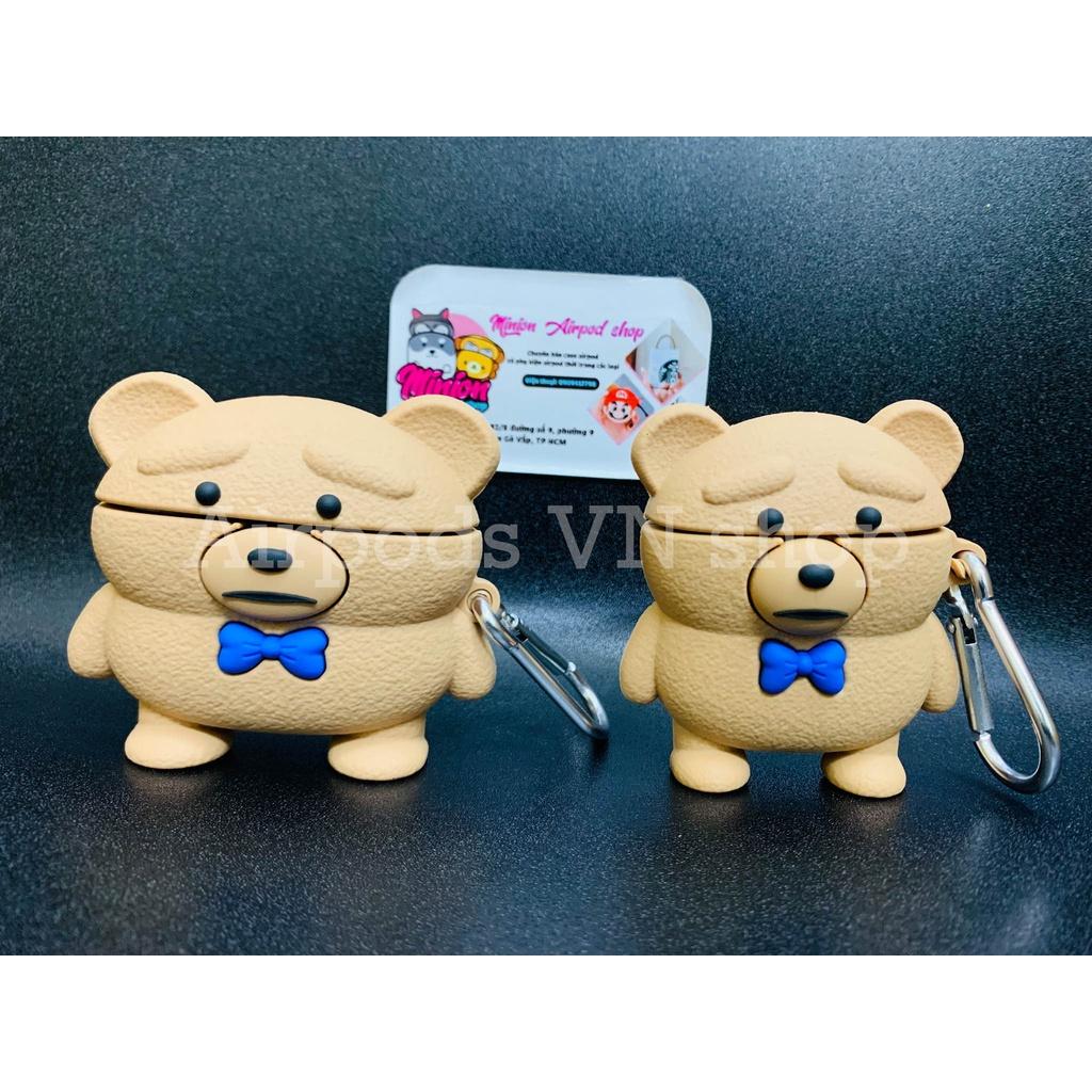Bao Case Ốp dành cho Airpods 1/2, Airpods Pro gấu kute cột nơ xanh silicon cao cấp