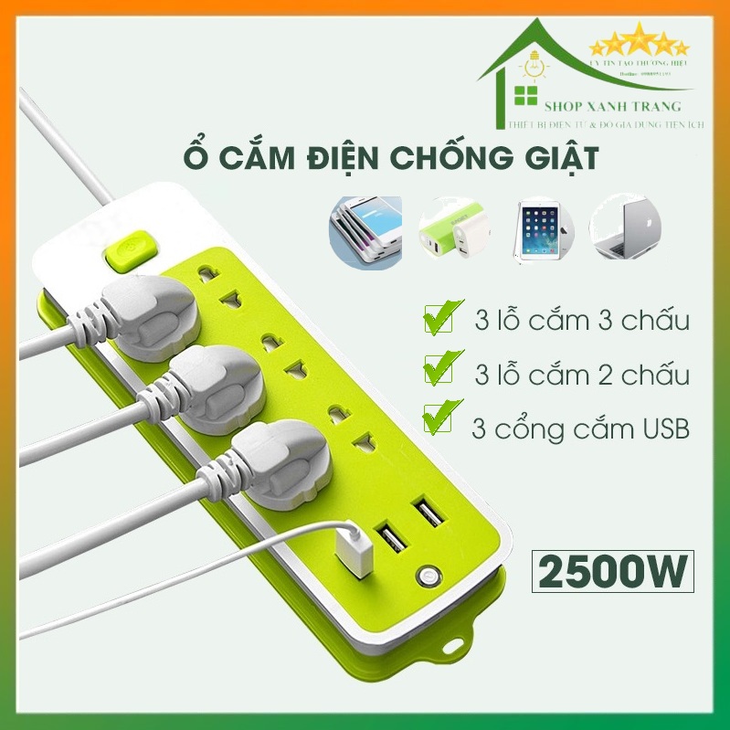 Thiết bị điện thông minh chống giật 6 lỗ cắm kèm cổng sạc USB 5V 2.4A,