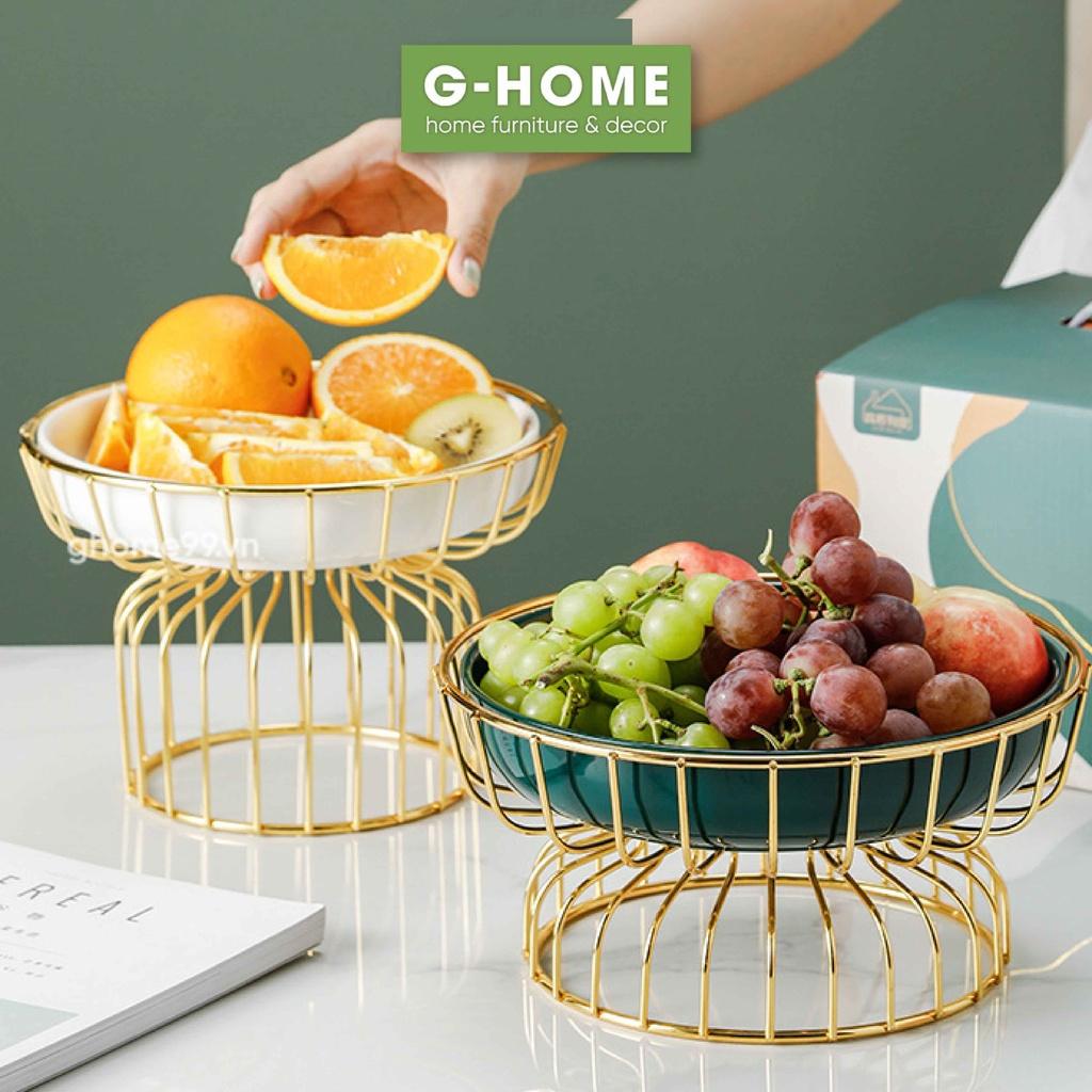 Đĩa sứ 1 tầng khung đồng Ghome 2022, đĩa sứ tròn cao cấp trạng trọng bày hoa quả, bánh kẹo ngày tết DIA2022 TRON1