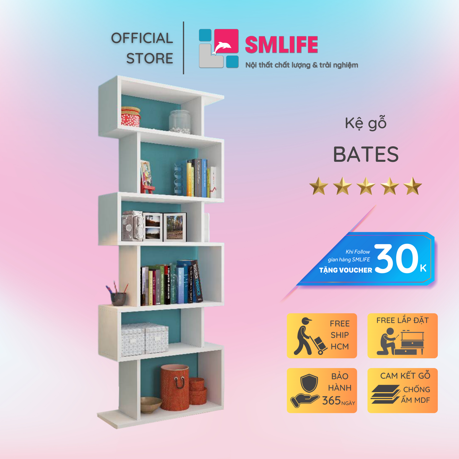 Giá sách gia đình từ gỗ công nghiệp SMLIFE Bates