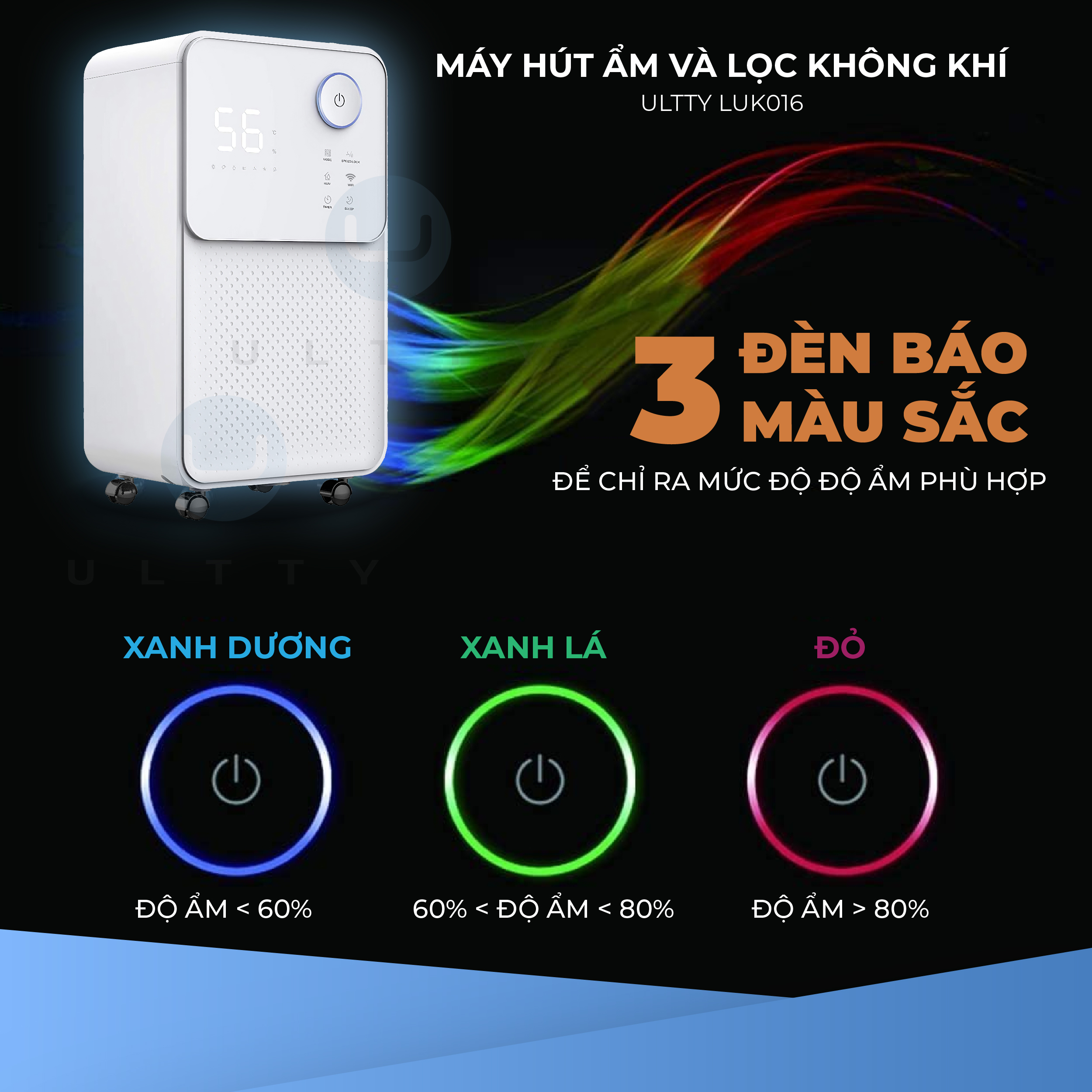 Máy hút ẩm và lọc không khí ULTTY LUK016, giải pháp cho những ngày nồm, khử khuẩn nấm mốc, phơi khô quần áo - Hàng chính hãng