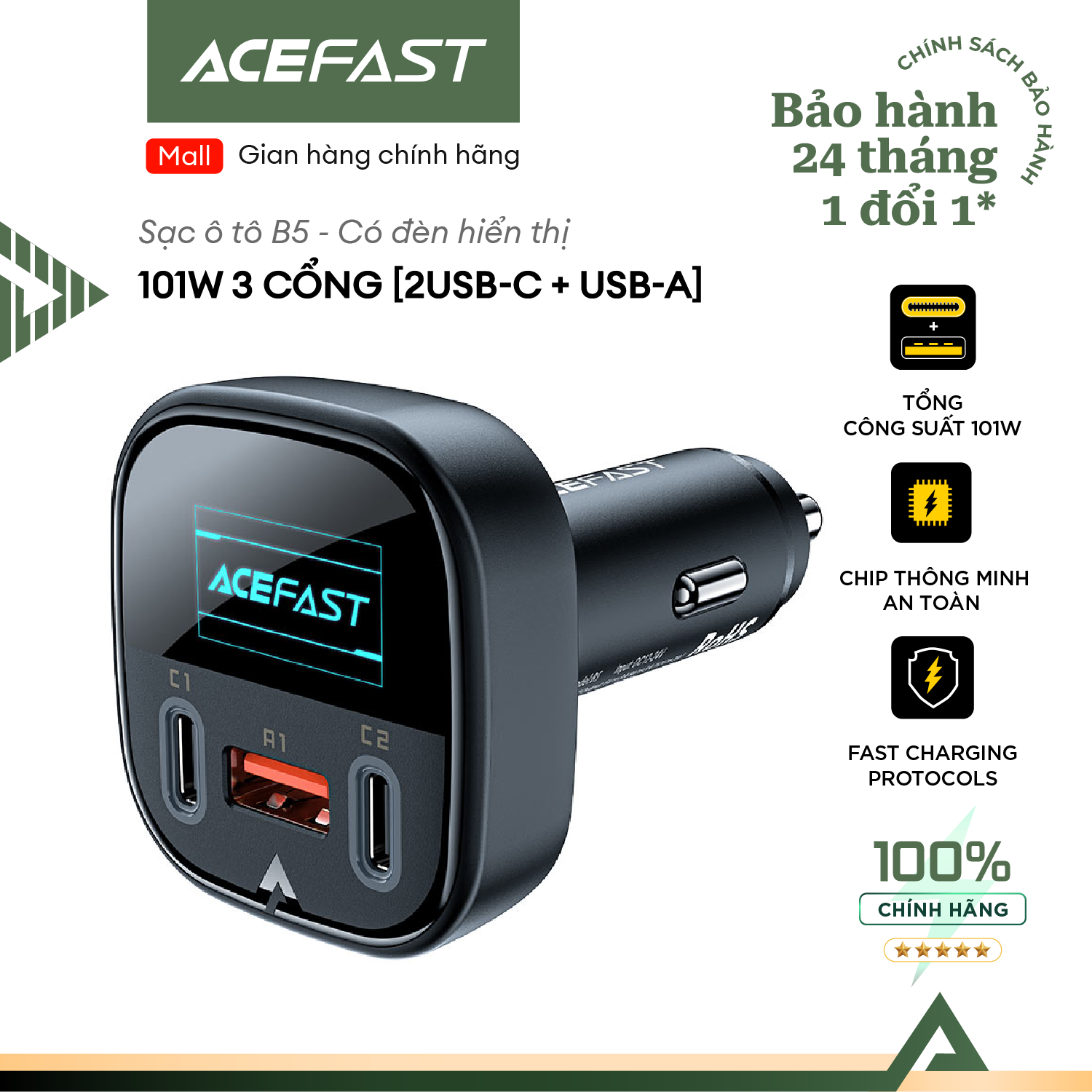 Sạc ô tô Acefast 101W 3 cổng 2xUSB-C + USB-A có đèn hiển thị - B5 Hàng chính hãng Acefast