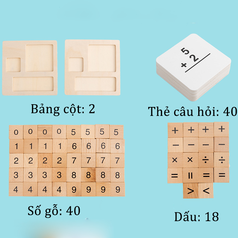 Đồ chơi gỗ thông minh cho bé - phép tính toán học kèm chữ số và thẻ câu hỏi