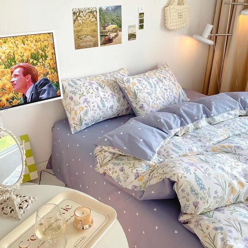 Set Cotton Living Hàn Quốc Hàng Nhập Khẩu Cao Cấp 4 Món Hoa Tím Vintage