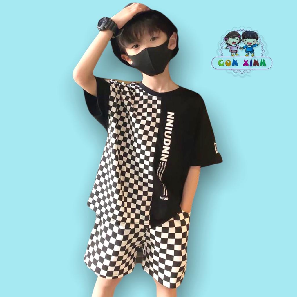 Bộ đồ bé trai CON XINH cotton họa tiết Caro , set quần áo trẻ em từ 4 đến 10 tuổi