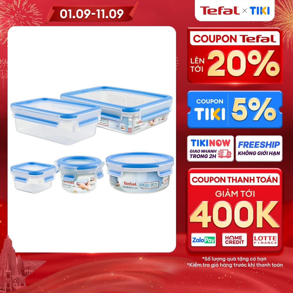 Bộ 5 hộp bảo quản thực phẩm nhựa BBA free, Tefal Masterseal Fresh, sản xuất tại Đức (150ml, 850ml, 200ml, 1000ml, 1200ml) - Hàng chính hãng