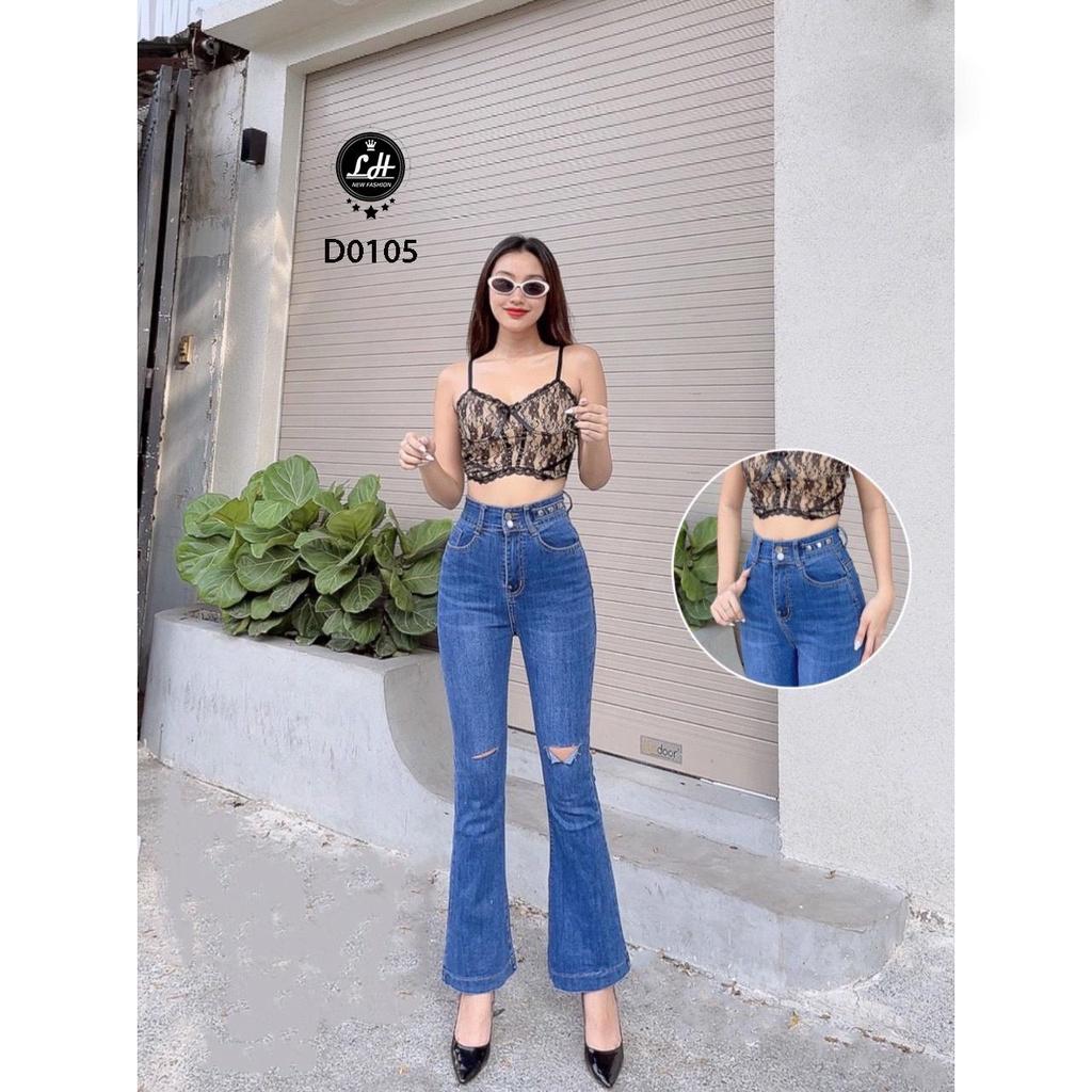 Quần jean ống loe lưng cao màu xanh rách gối có ba nút trên bass độc lạ dành cho nữ Lê Huy Fashion MS D0105