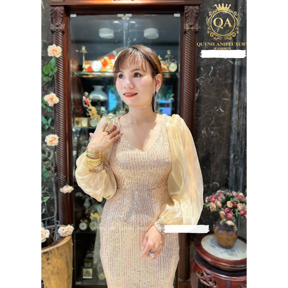 Đầm Body Kim Sa Vàng Tay Phối Lưới Cao Cấp Morela Dress