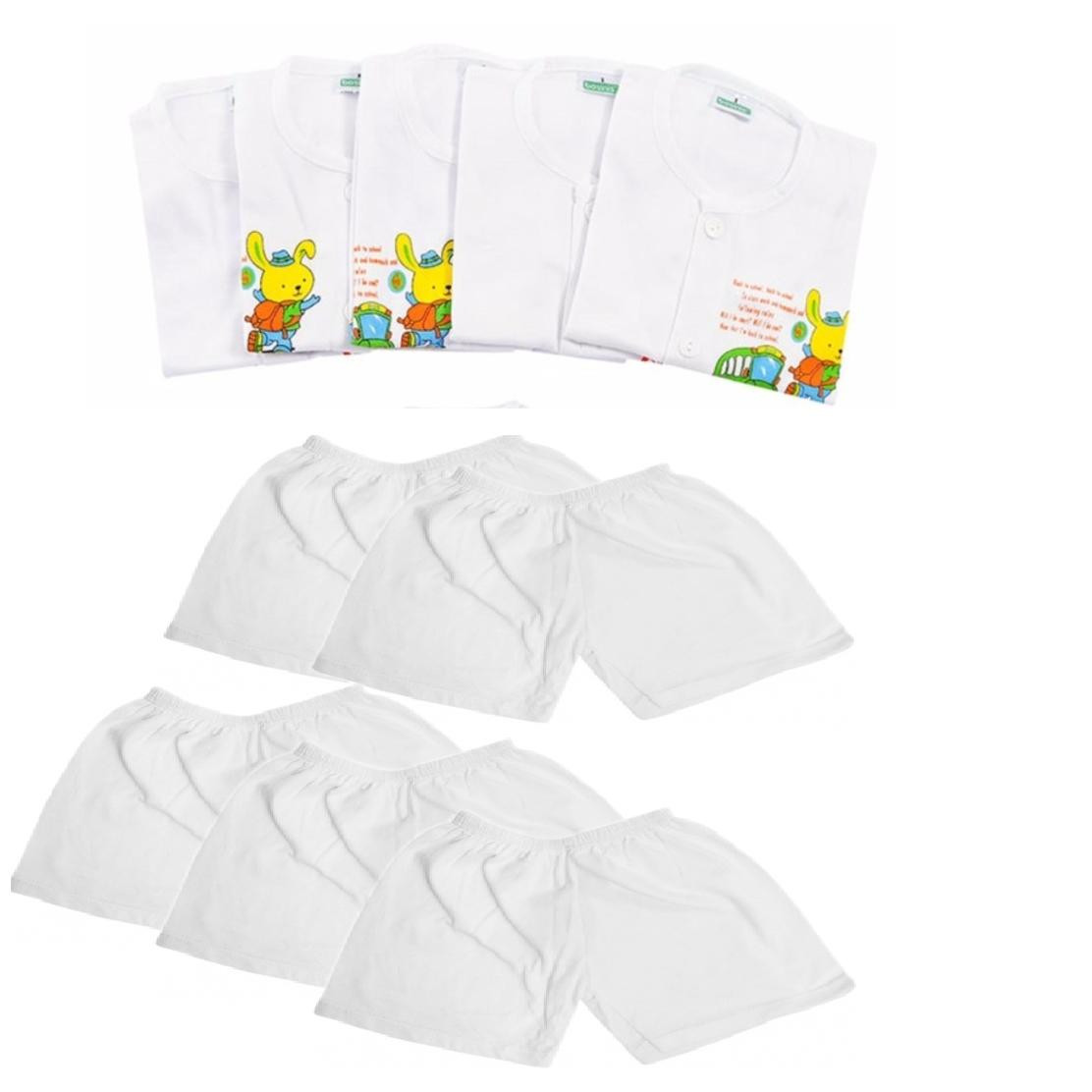 Set 5 Bộ quần áo ngắn tay cúc giữa 100%cotton  màu trắng cho bé từ 5-17 kg