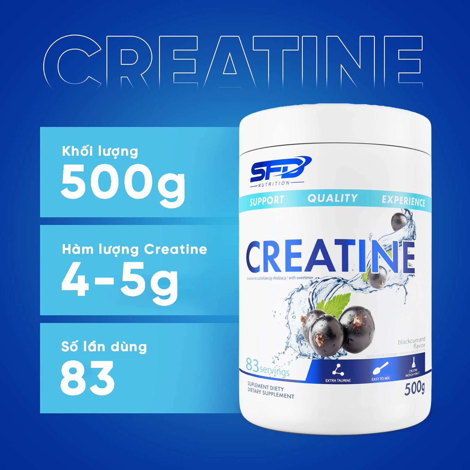 Bột SFD Nutrition Creatine Monohydrate (500g) + Taurine, Tăng Sức Mạnh &amp; Hiệu Suất Tập Luyện | Nhập Khẩu Ba Lan