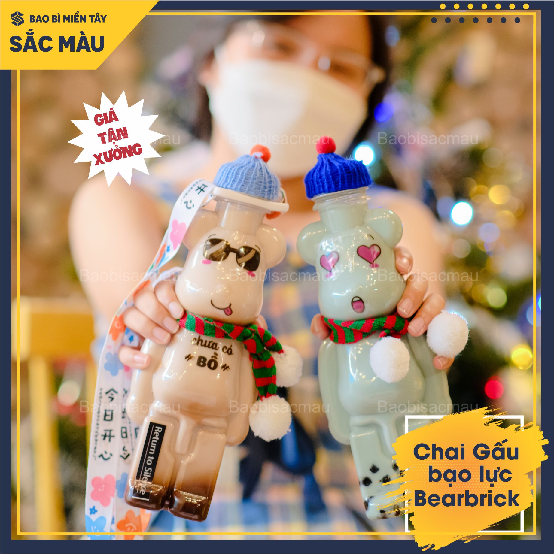 HOT Combo 10 bình nhựa, chai nhựa hình Gấu bạo lực Bearbrick, chai gấu đựng kẹo, chai gấu trà sữa