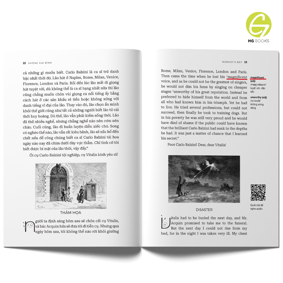 Sách - Không gia đình - Sách song ngữ văn học kinh điển, tặng kèm file nghe &amp; note từ vựng, combo 2 cuốn - HG Books