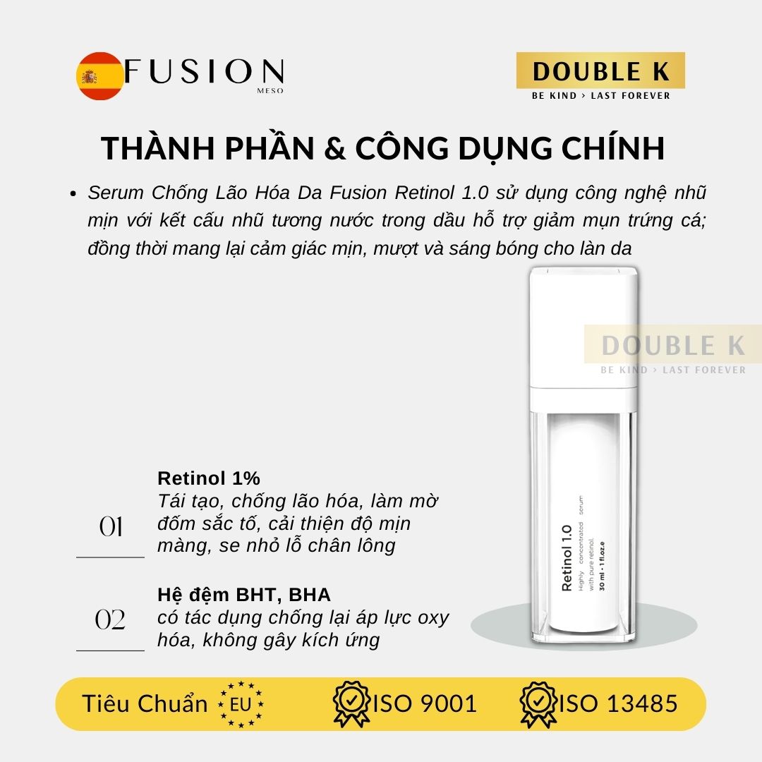 Fusion Retinol 1.0 - Tinh Chất Chống Lão Hóa, Săn Chắc, Mịn Màng Làn Da, Làm Mờ Nếp Nhăn - Double K