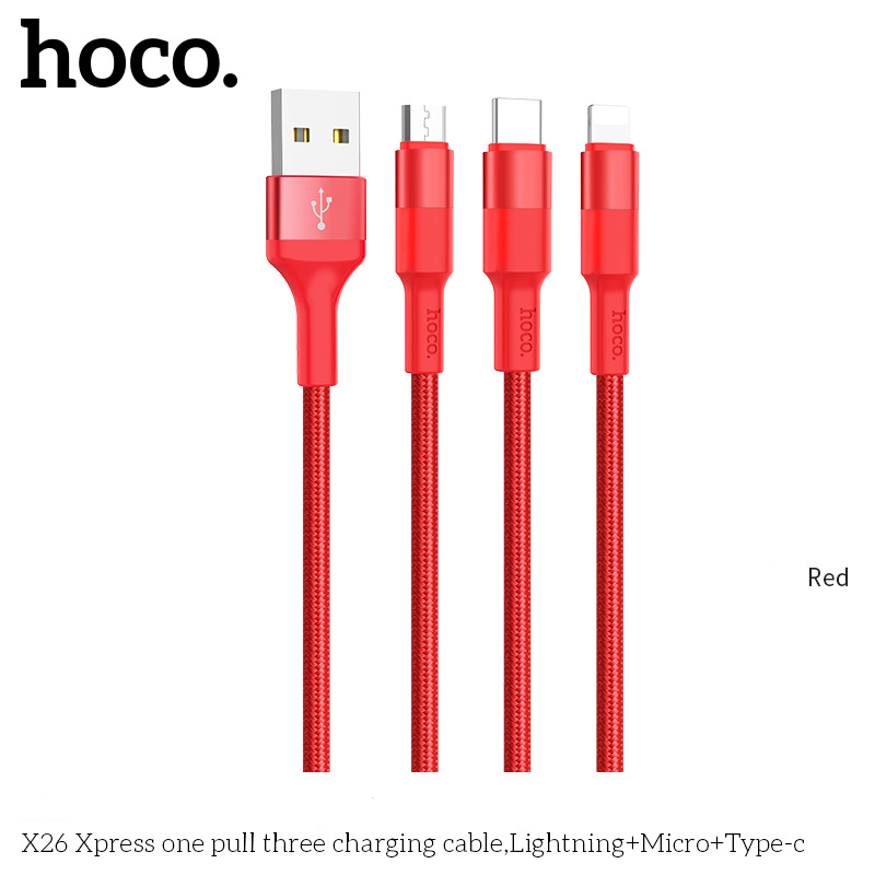 Dây Cáp Sạc Hoco 3 Đầu Bọc Dù Cao Cấp Lightning – Micro – TypeC hàng nhập khẩu