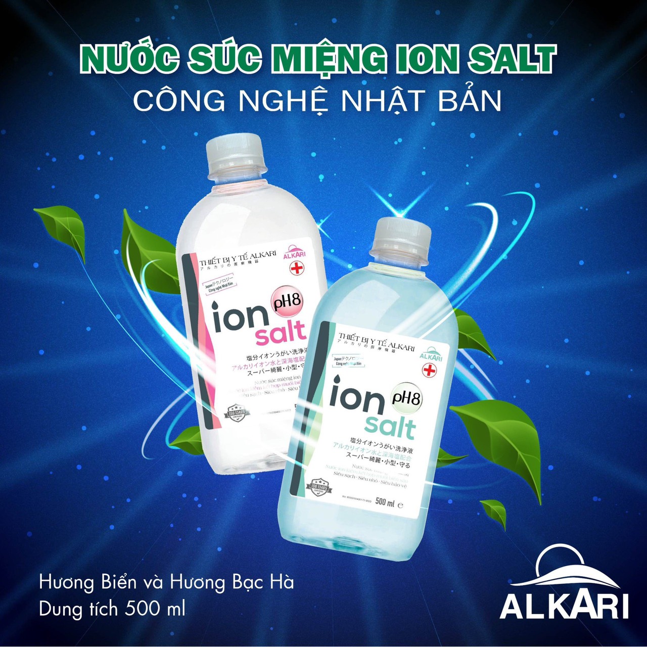 Hộp 2 chai Nước Súc Miệng Kháng Khuẩn Ion Salt Alkari - Dung tích 500ml