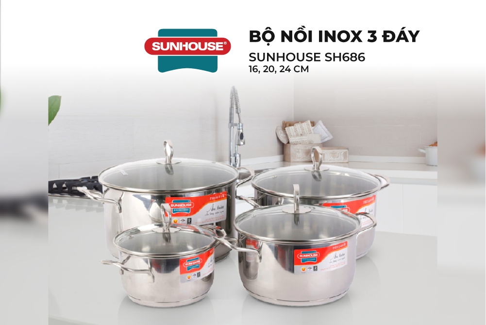 Bộ 4 Nồi Inox 3 Đáy Sunhouse SHG686