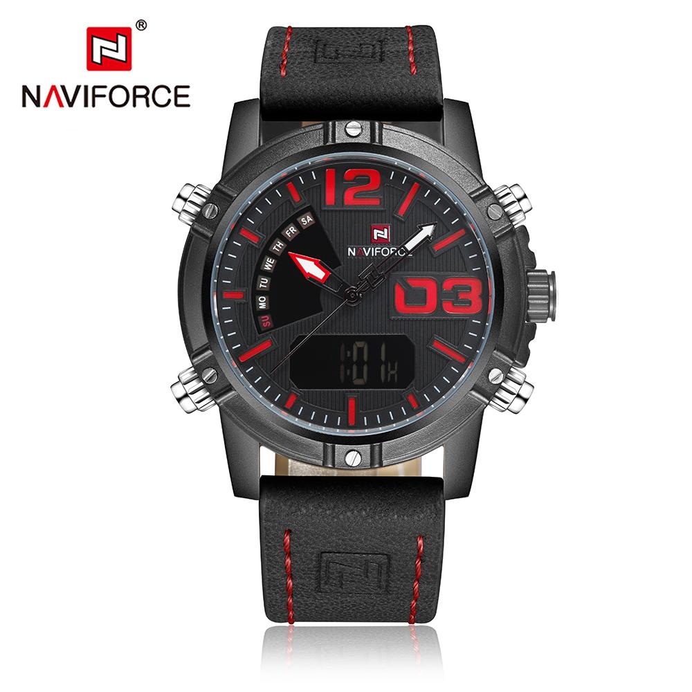 Đồng hồ đeo tay bằng da NAVIFORCE Màn hình kép mới , có đèn nền Chống nước